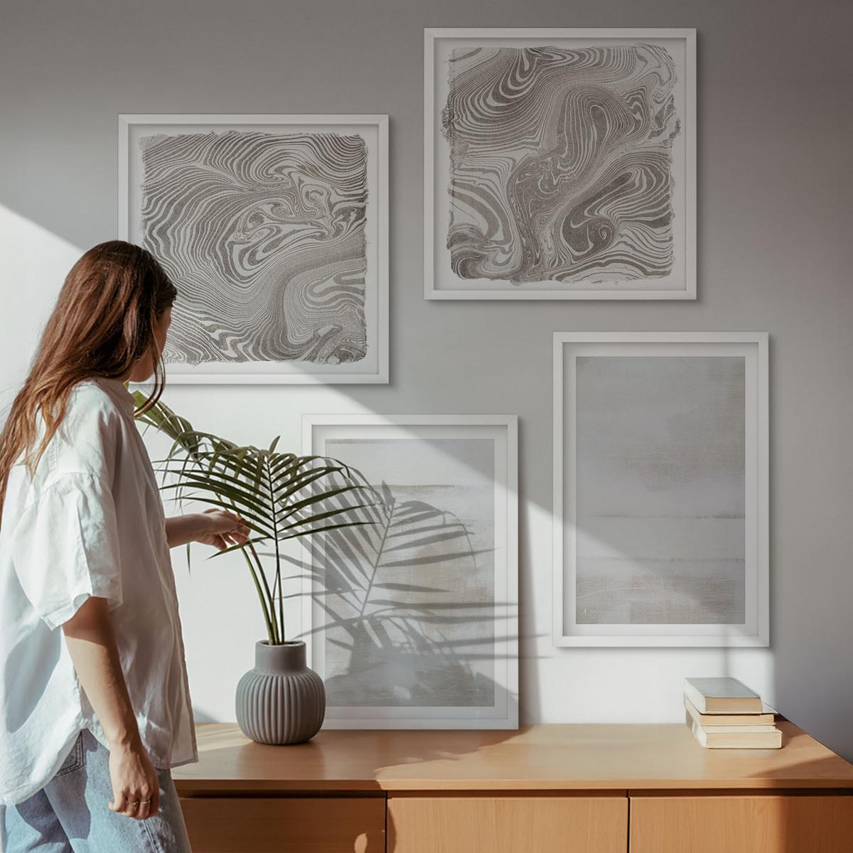BILDER SET 4er Set - 50x50 cm & 40x60 cm Weißer Rahmen - Abgenutzte Texturen, moderner Stil - Weiß, Kunststoff (50/50cm) - TULUP
