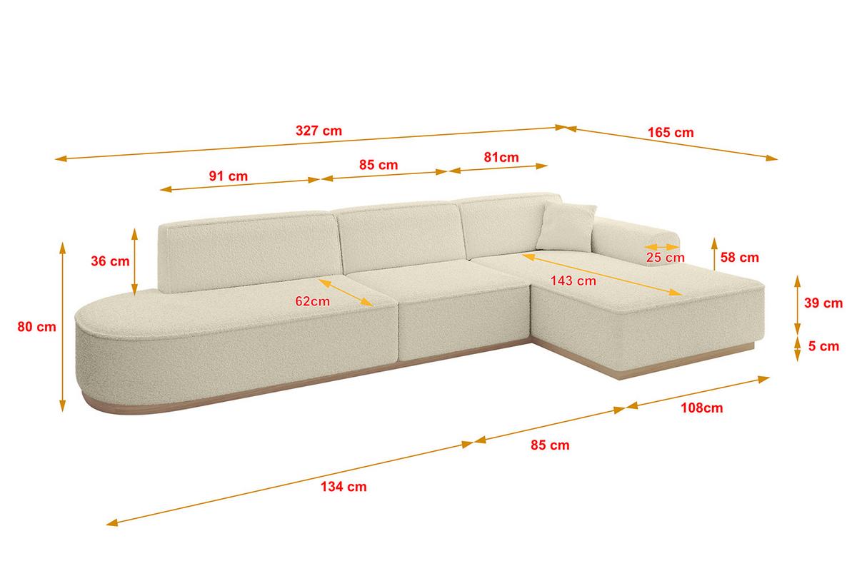 ECKSOFA Ottomane Rechts IREA-L2 - 327x165x80 cm Beige - Hellbraun/Creme, Holzwerkstoff/Textil (327/165cm) - ALTDECOR