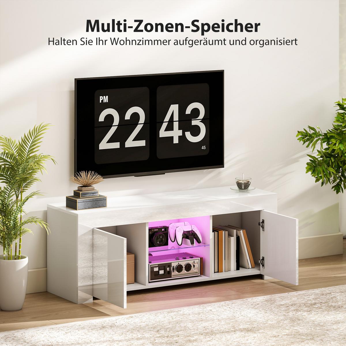 TV-SCHRANK mit LED-Beleuchtung, 2 Schranktüren, Glasregal, Kabellöcher Weiß - Weiß Hochglanz/Weiß, Glas/Holzwerkstoff (34/45/120cm) - HOMCOM