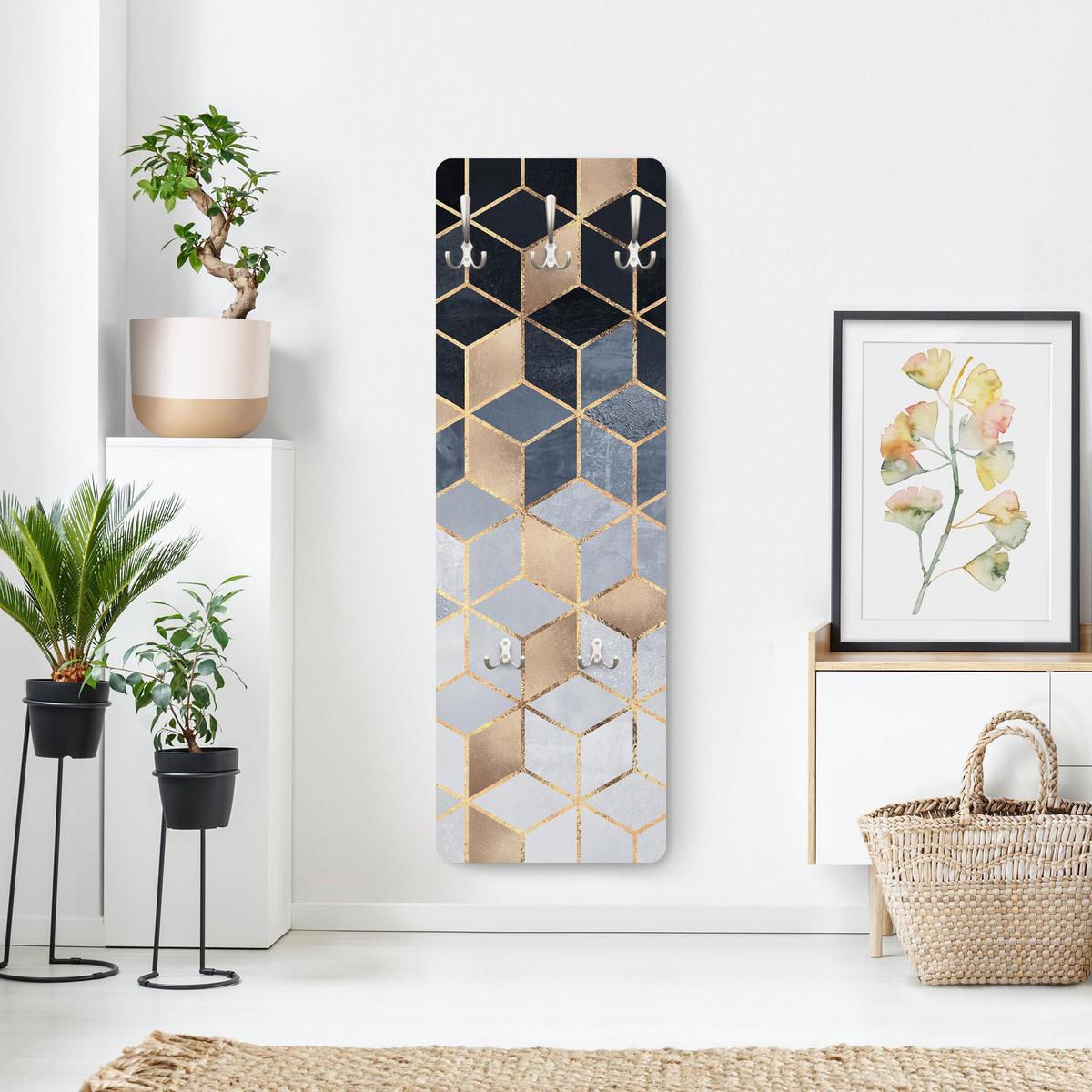 WANDGARDEROBE - Blau Weiß goldene Geometrie 34/105 cm - Goldfarben, Holzwerkstoff (34/105/1.6cm) - Bilderwelten