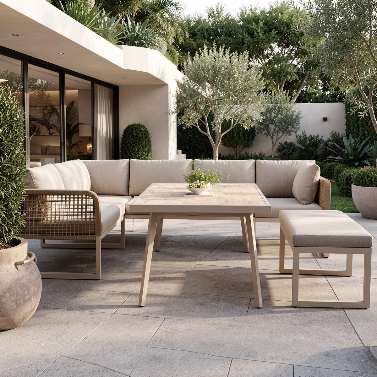 LOUNGEGARNITUR PE-Rattan Beige Ecksofa mit Tisch & Bank - Beige, Metall - Urban Meuble