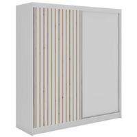 SCHWEBETÜRENSCHRANK mit Lamellen und Schubladen LUMOS - 200 - Weiß und Eiche Artisan - Alufarben/Weiß, Holzwerkstoff/Metall (200/216/61cm) - MKS