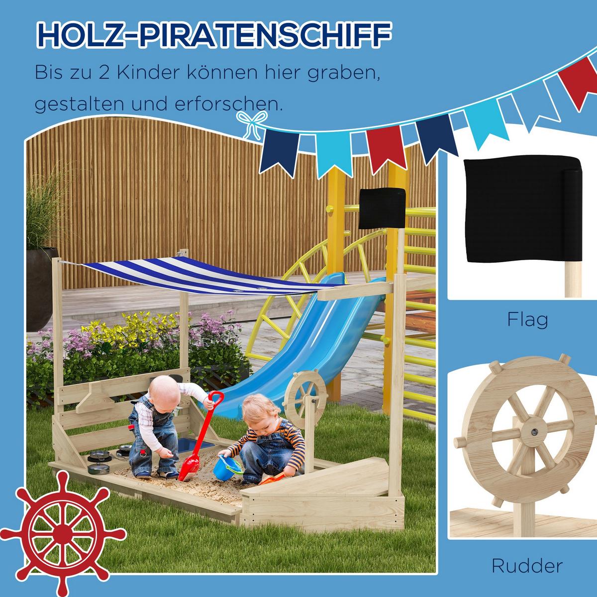 SANDKASTEN Sandkiste groß mit Abdeckung im Schiff Design Matschekiste aus Holz - Naturfarben, Holz (180/103/144.5cm) - Outsunny