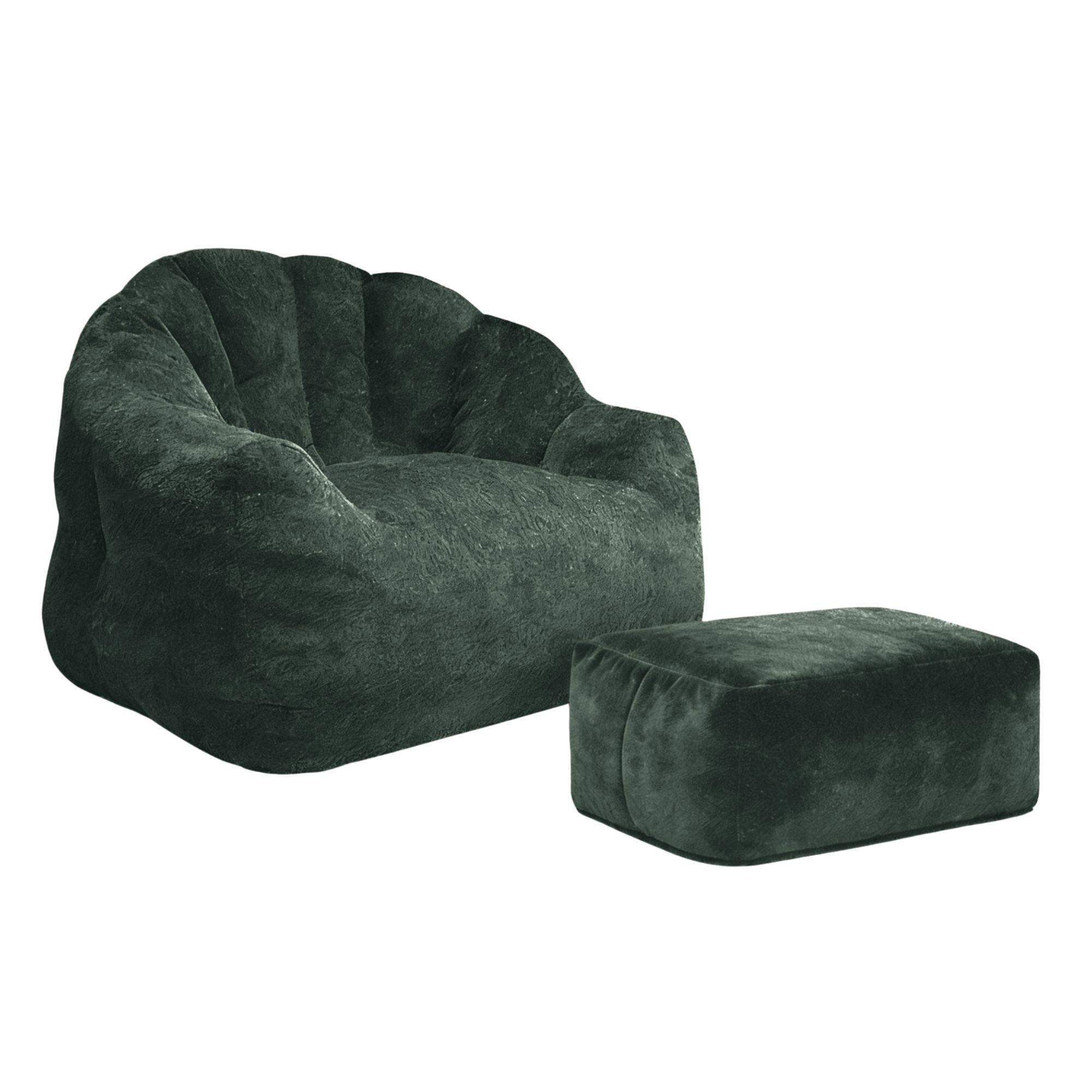 SESSEL MIT HOCKER aus weichem Chenille mit Blüten-Rückenlehne und Ottomane - Grün, Textil (99/65/86cm) - Urban Meuble