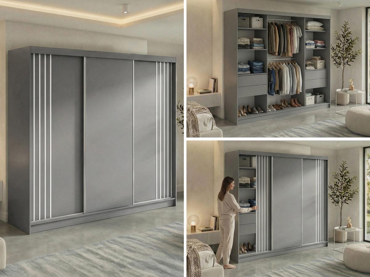 SCHWEBETÜRENSCHRANK mit Lamellen und Schubladen NAURU - 240 - Grau und Weiß - Alufarben/Weiß, Holzwerkstoff/Metall (240/216/61cm) - MKS