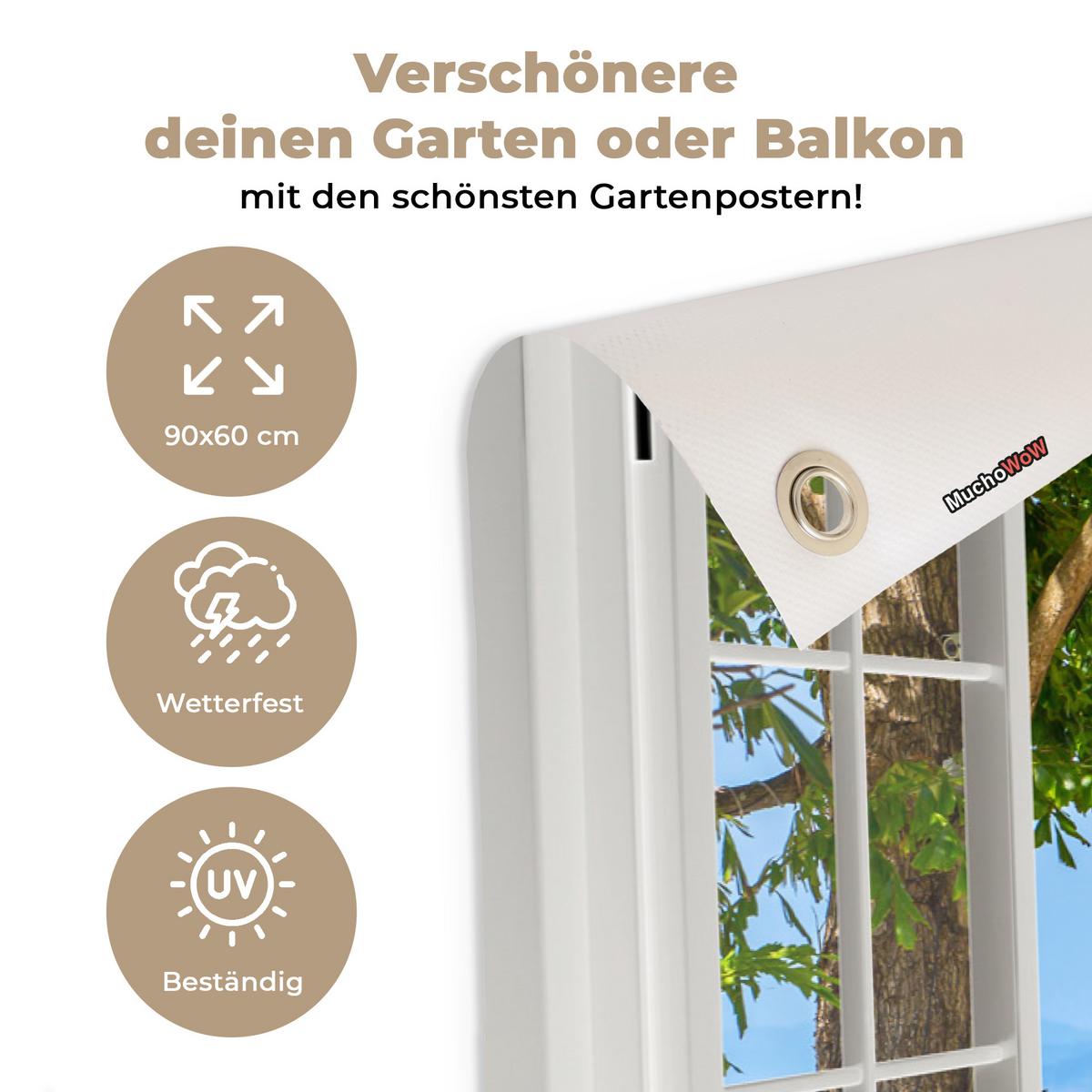 GARTENPOSTER Aussicht - Baum - Meer - Palme - Hügel - Strand - Blau Gartendeko 90x60 cm - Weiß, Kunststoff (90/60/0.2cm) - OnlyWow