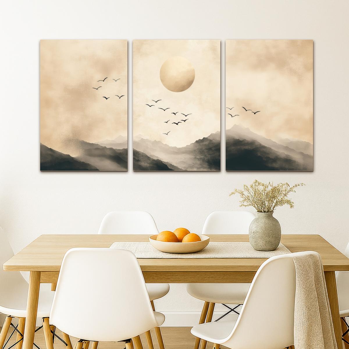 LEINWANDBILD 3er Set Landschaft - Japandi - Beige - Vögel 120x60 cm - Beige, Textil (120/60cm) - MuchoWow