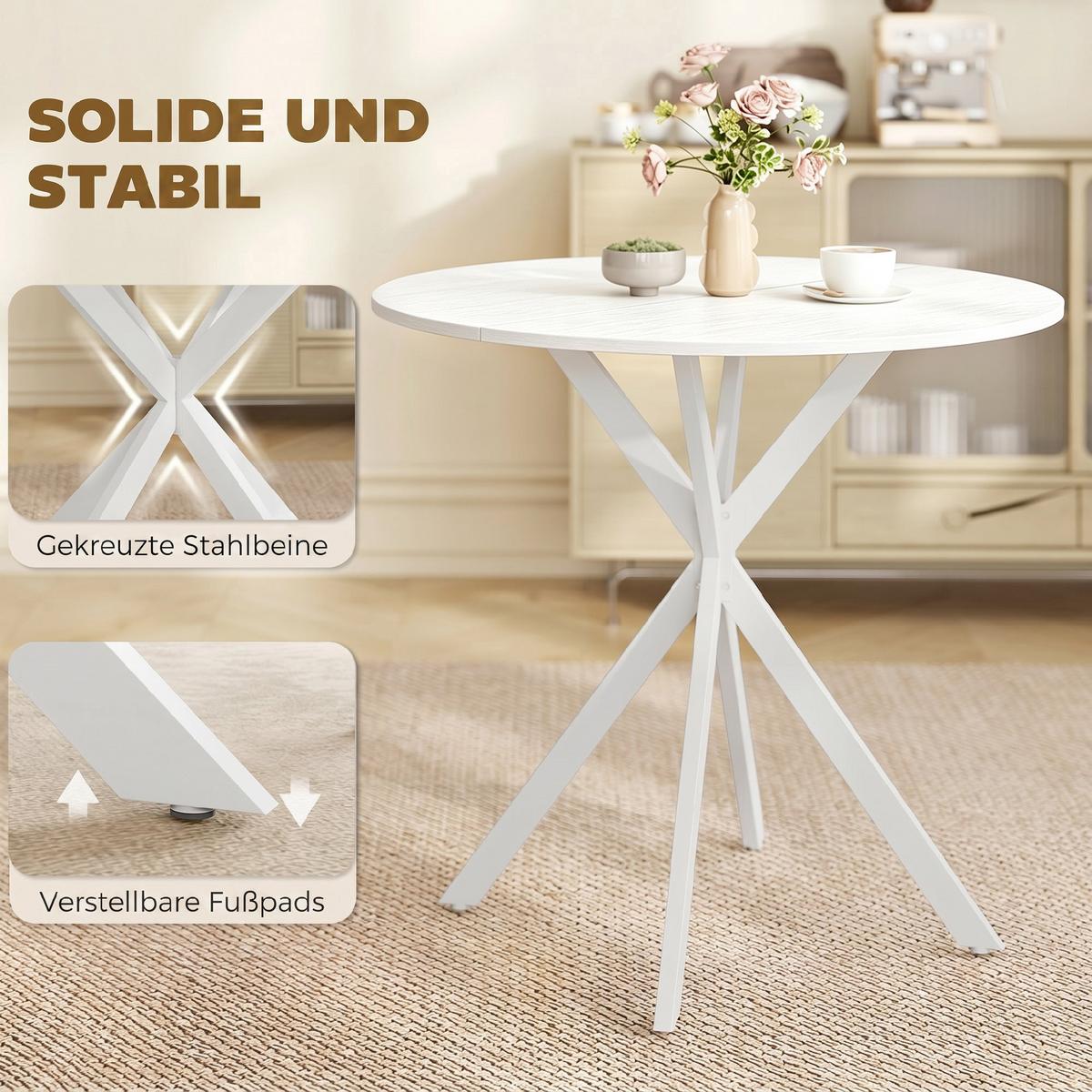 ESSTISCH, Runder Küchentisch für 2 Personen im Industriestil mit Stahlbeinen - Weiß, Holzwerkstoff (80/80/75cm) - HOMCOM