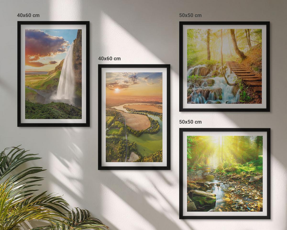BILDER SET 4er Set - 50x50 cm & 40x60 cm Schwarzer Rahmen - Orange Mountain Wasserfall - Schwarz, Kunststoff (50/50cm) - TULUP