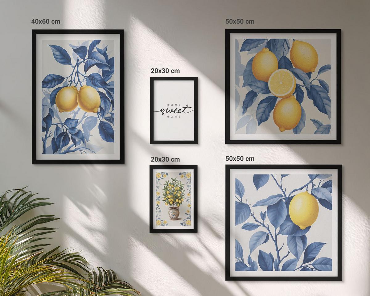 BILDER SET 5er Set - 50x50 cm & 20x30 cm & 40x60 cm Schwarzer Rahmen - Zitronenzweige mit blauen Blättern - Schwarz, Kunststoff (40/60cm) - TULUP