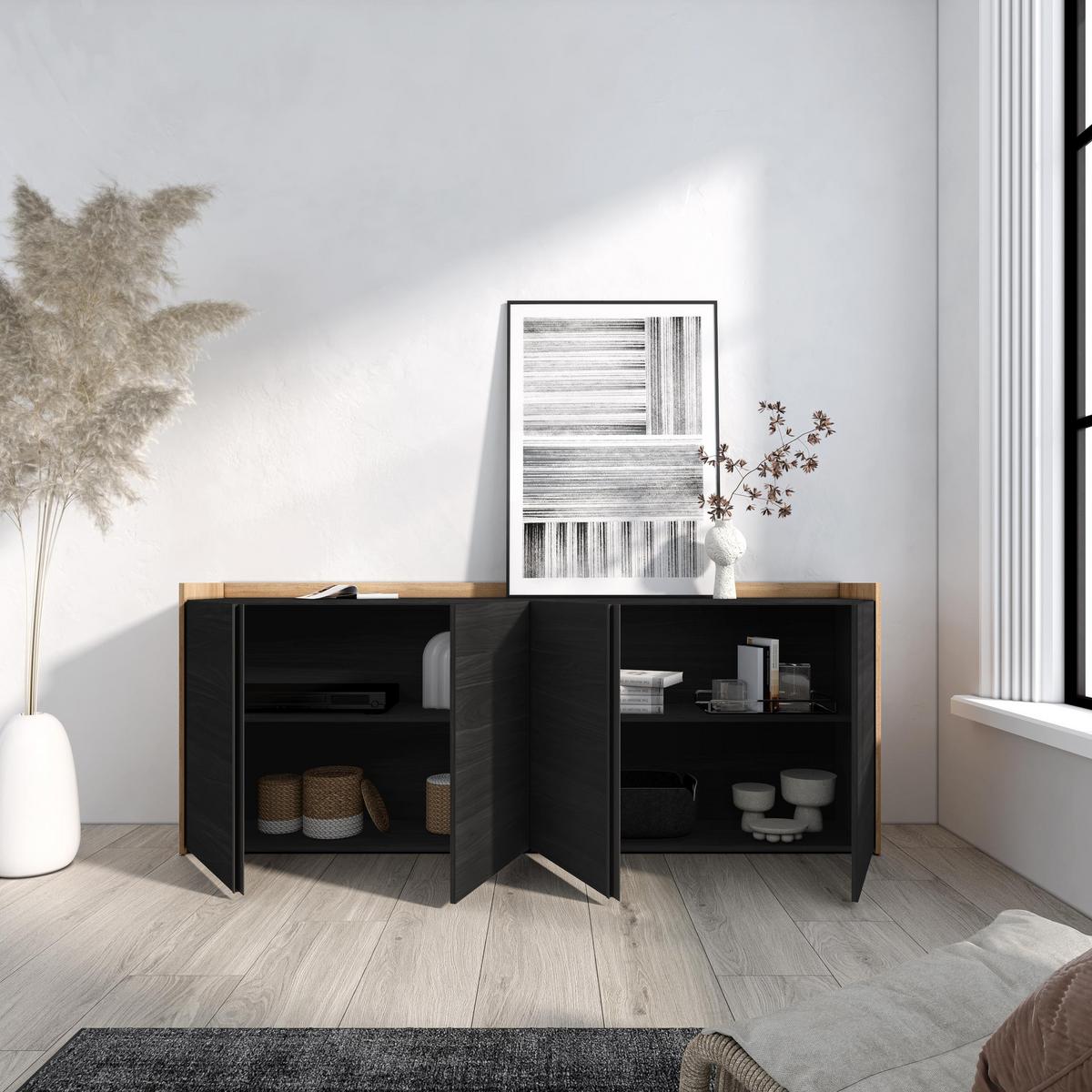 SIDEBOARD, 4 Türen, Schwarz und Eiche, 207/35/80cm - Schwarz, Holzwerkstoff (207/80/35cm) - Skraut Home