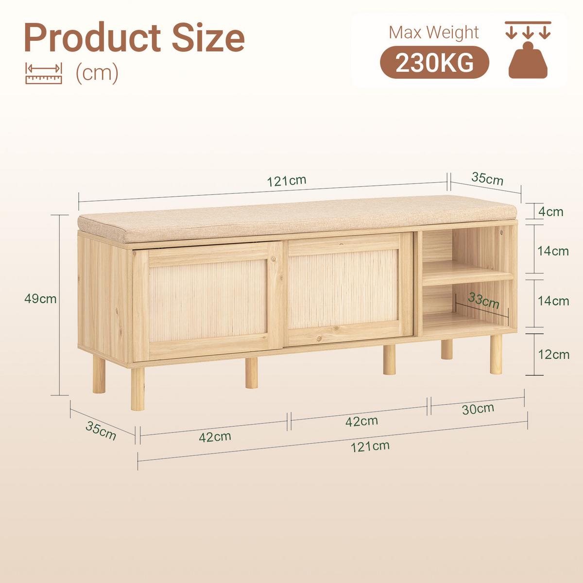 SITZBANK mit Stauraum, Natur, 121x49x35cm, 6 Fächer, Sitzkissen, für Flur, Diele und Schlafzimmer - Naturfarben, Naturmaterialien/Holzwerkstoff (121/49/35cm) - SoBuy