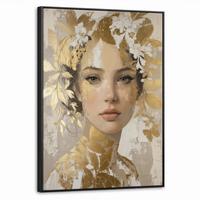 LEINWAND Bilder mit Rahmen - Gesicht - Frau - Blätter - Gold - 60x80 - Beige, Textil (60/80cm) - MuchoWow