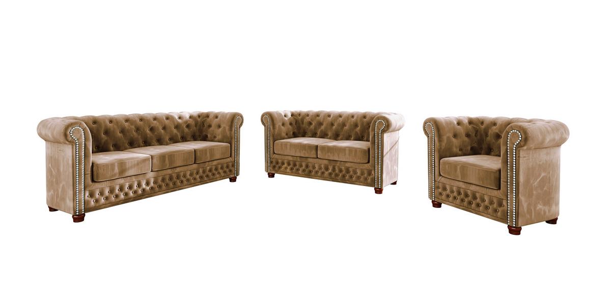 CHESTERFIELD-SOFA 2-sitzer Lauren Beige Samt - Beige/Braun, Holz/Textil (148/72/86cm) - S-Style Möbel
