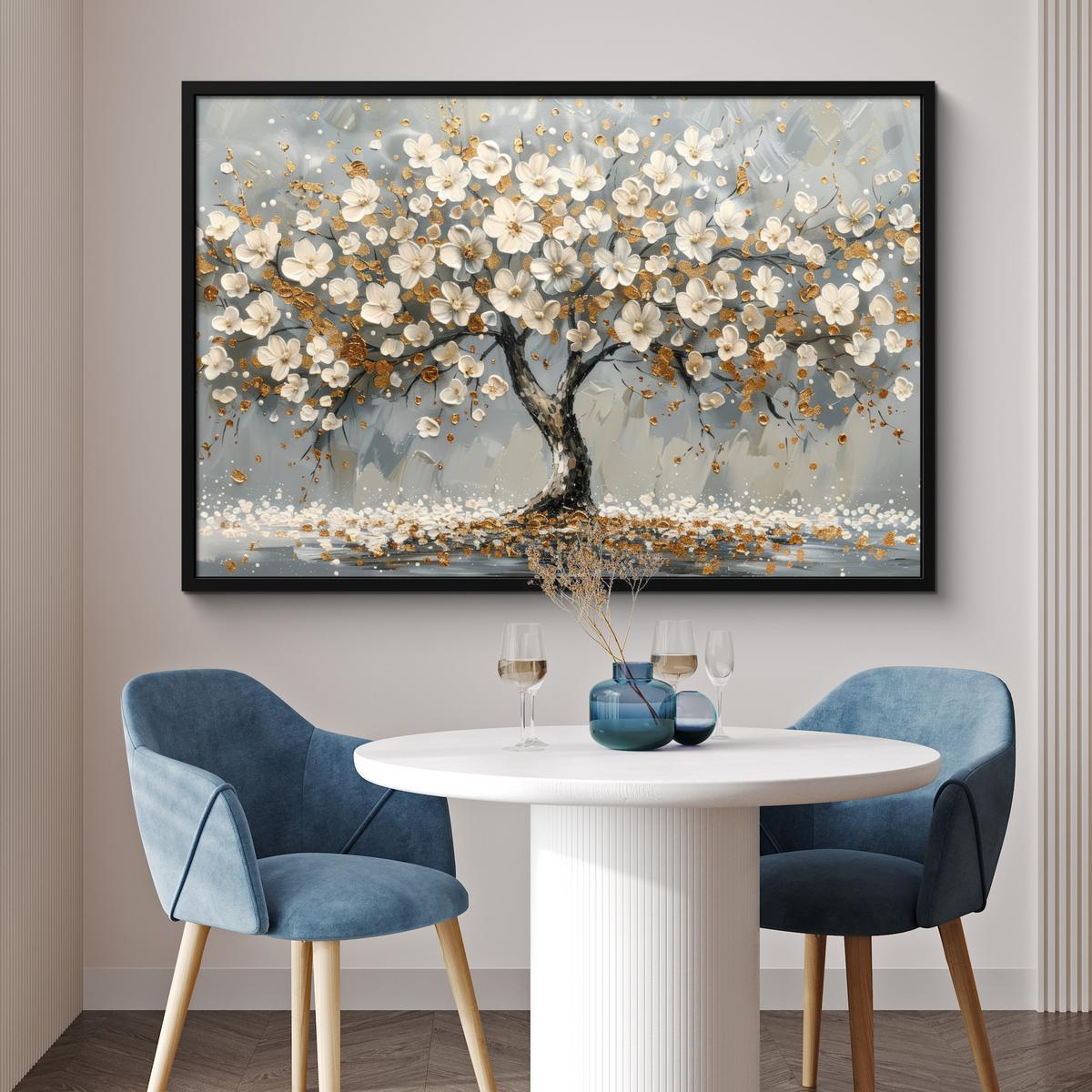 POSTER MIT RAHMENGERAHMTES BILD Baum - Blumen - Weiß - Natur - Kunst 120x80 cm - Weiß, Papier (120/80cm) - MuchoWow
