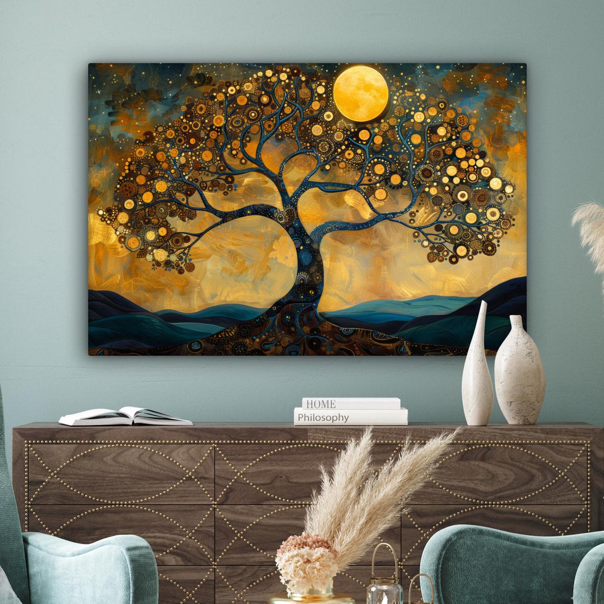 LEINWANDBILD Baum - Mond - Blumen - Gold - Kunst Wohnzimmer Groß 120x80 cm - Orange, Textil (120/80cm) - MuchoWow