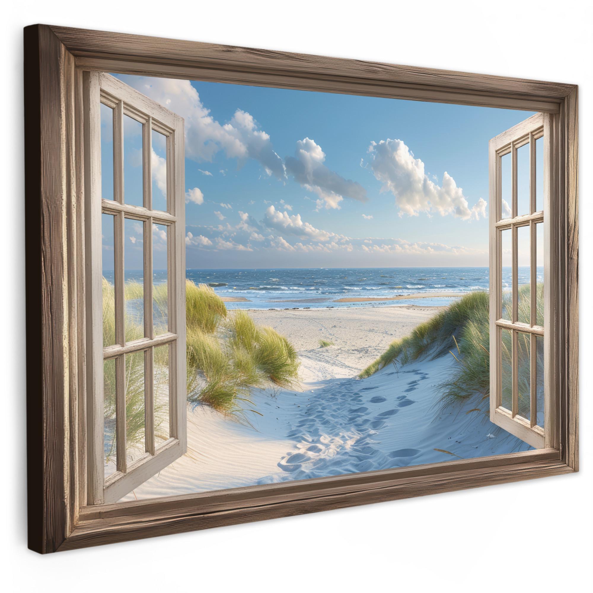LEINWANDBILD Aussicht - Strand - Fenster - Dünen - Meer Wohnzimmer Groß 120x80 cm - Hellblau, Textil (120/80cm) - MuchoWow