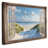 LEINWANDBILD Aussicht - Strand - Fenster - Dünen - Meer Wanddeko 90x60 cm - Hellblau, Textil (90/60cm) - MuchoWow