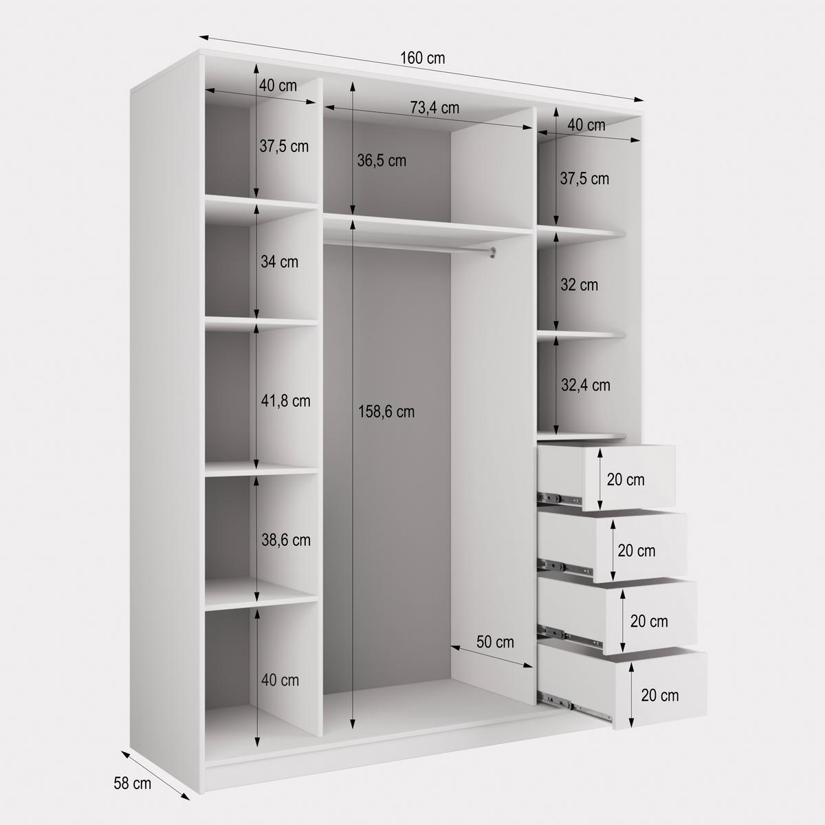 SCHWEBETÜRENSCHRANK SORE 160/205/58 cm 3-türig mit Spiegel und 4 Schubladen Schwarz - Eiche Wotan/Schwarz, Holzwerkstoff (160/205/58cm) - MASSENO
