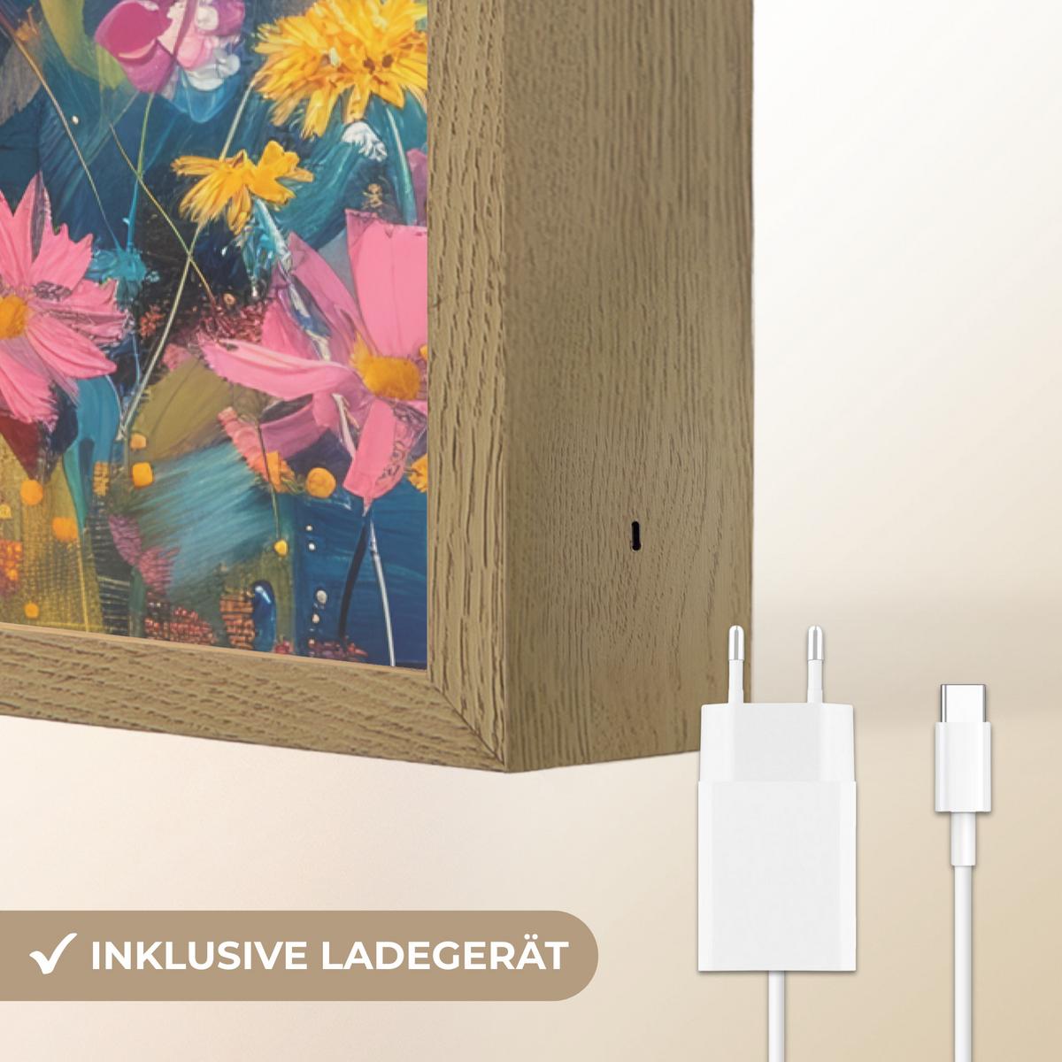 WANDLEUCHTE MIT AKKU Schottische Hochländer - Natur - Farbenfroh - Blumen 60x90 cm - Multicolor, Holzwerkstoff (60/90/8cm) - OnlyWow