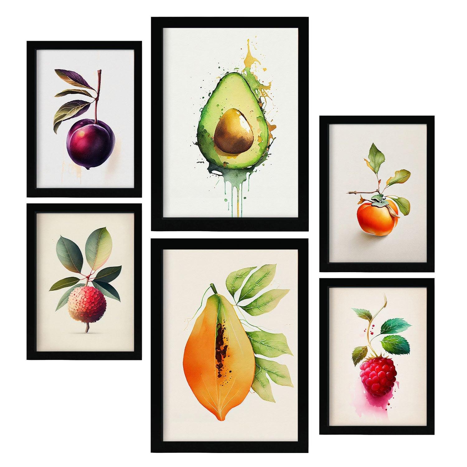 POSTER Set Mit 6 Erfrischende Früchte Plakate Von Obst Gemüse & Gesunden Lebensmitteln Im Aquarell Kunst Auf Reinweißen A3 & A4 Schwarzer Rahmen - Schwarz, Papier (29/3cm) - Nacnic