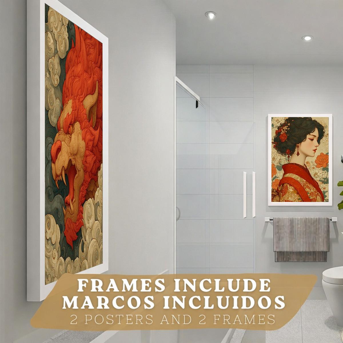 POSTER 2er-Set dekorative Badezimmer-Kunstdrucke, im japanischen Stil für Wand, Toilette mit orientalischem Drachen und Frau Weißer Rahmen A3 - Weiß, Papier (42/29.7/3cm) - Nacnic