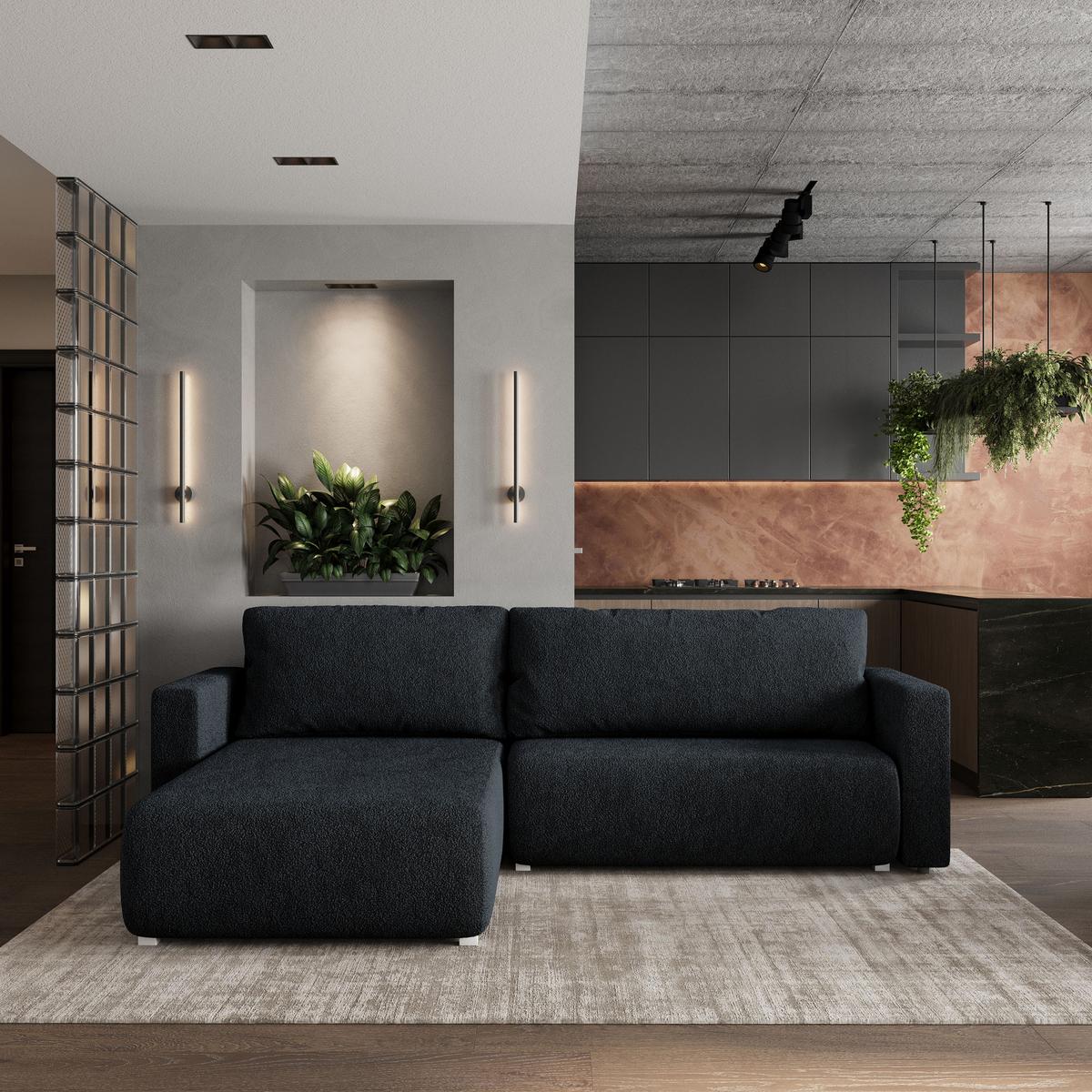 ECKSOFA TURIN N Schwarz Bucle-Stoff mit Schlaffunktion - Schwarz/Grau, Holz/Kunststoff (265/183cm) - MASSENO