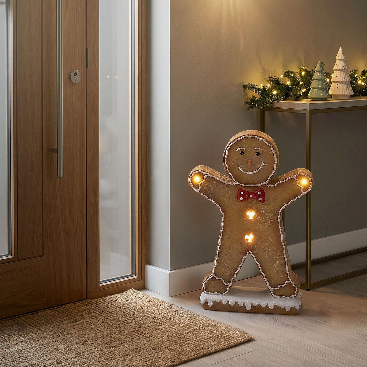 LEBKUCHENMANN-FIGUR mit Fliege 75 cm Weihnachtsdeko Innen mit LED-Beleuchtung - Braun, Stein (50/75/20cm) - ECD-Germany