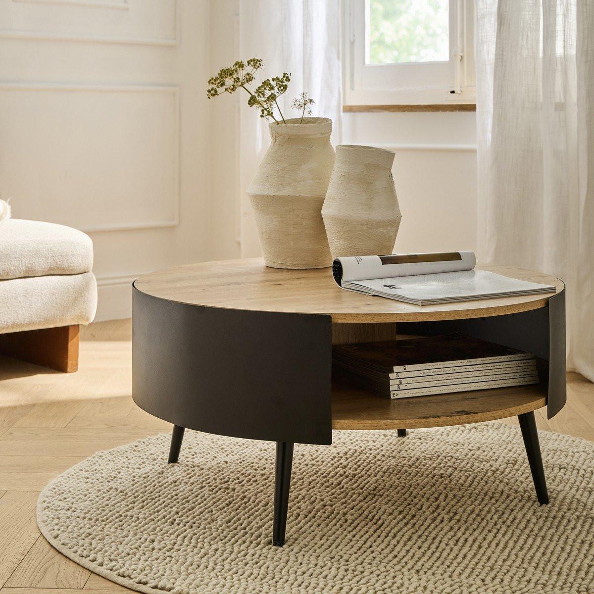 COUCHTISCH mit 2 Ebenen und schwarzen Metallseiten eklo 80/39/80 cm - Eichefarben, Holzwerkstoff (80/80/39cm) - Calicosy