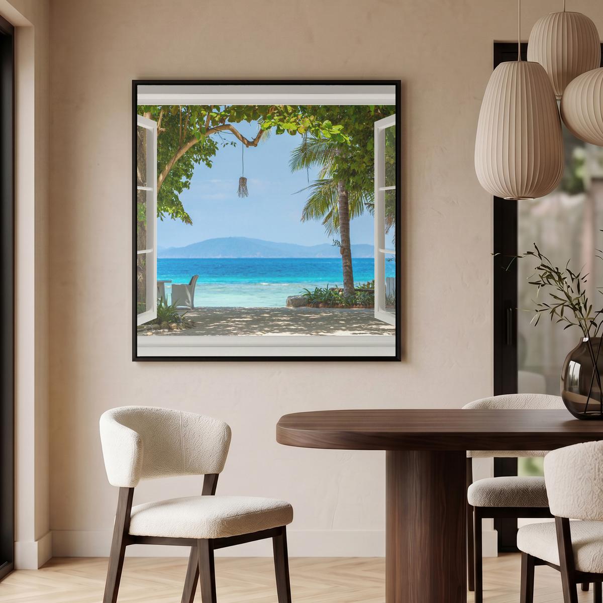 LEINWAND Bilder mit Rahmen - Aussicht - Baum - Meer - Palme - Hügel - Strand - Blau - 90x90 - Blau, Textil (90/90cm) - MuchoWow