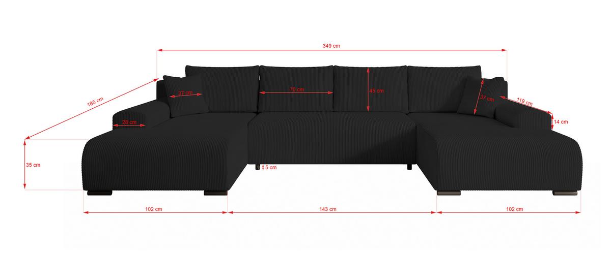 WOHNLANDSCHAFT Nelly U mit Bettkasten und Schlaffunktion, Cordstoff in U-Form - Schwarz, Textil (349/80/185cm)