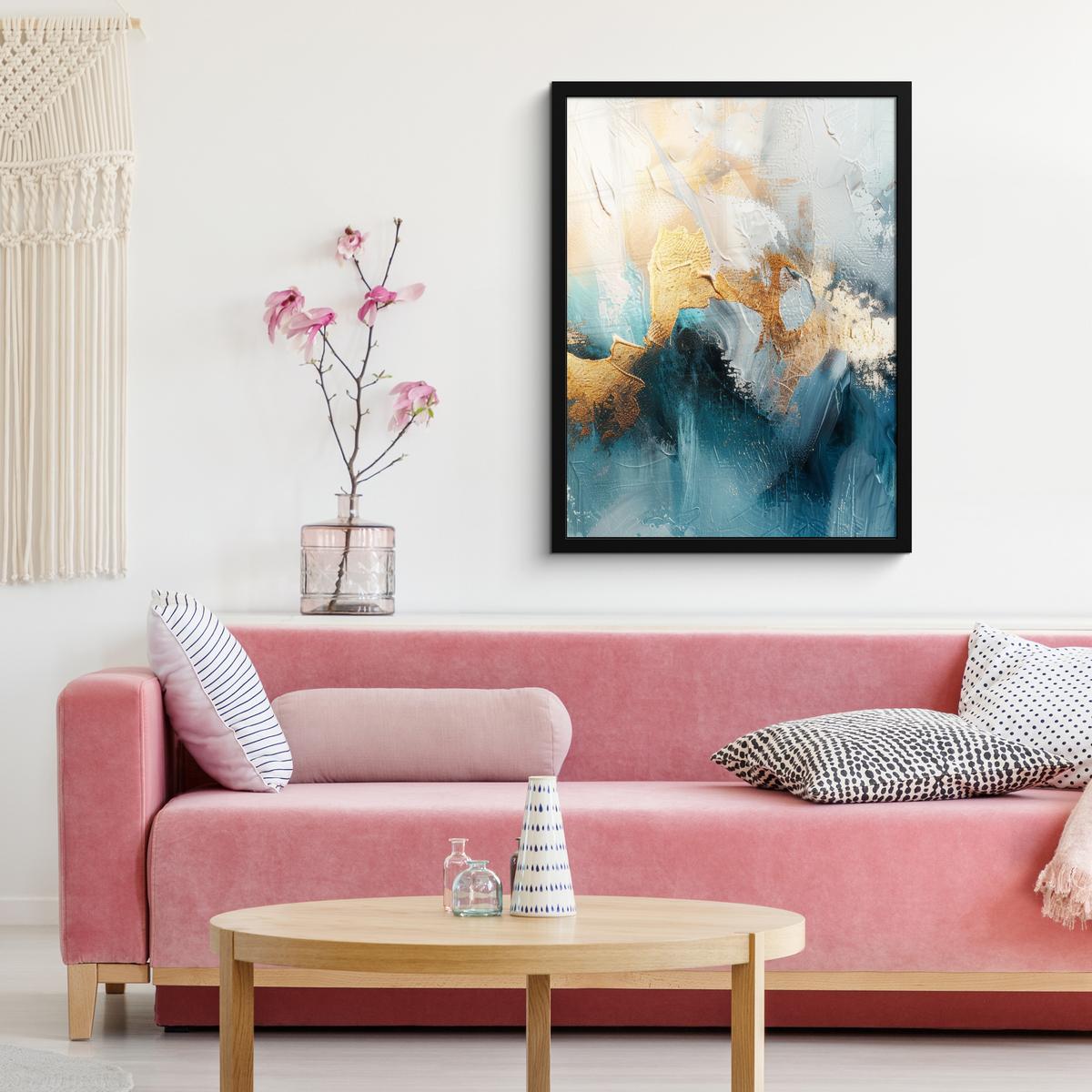 POSTER MIT RAHMEN Abstrakt - Kunst - Gold - Blau Posterleiste 60x80 cm - Petrol, Papier (60/80cm) - MuchoWow