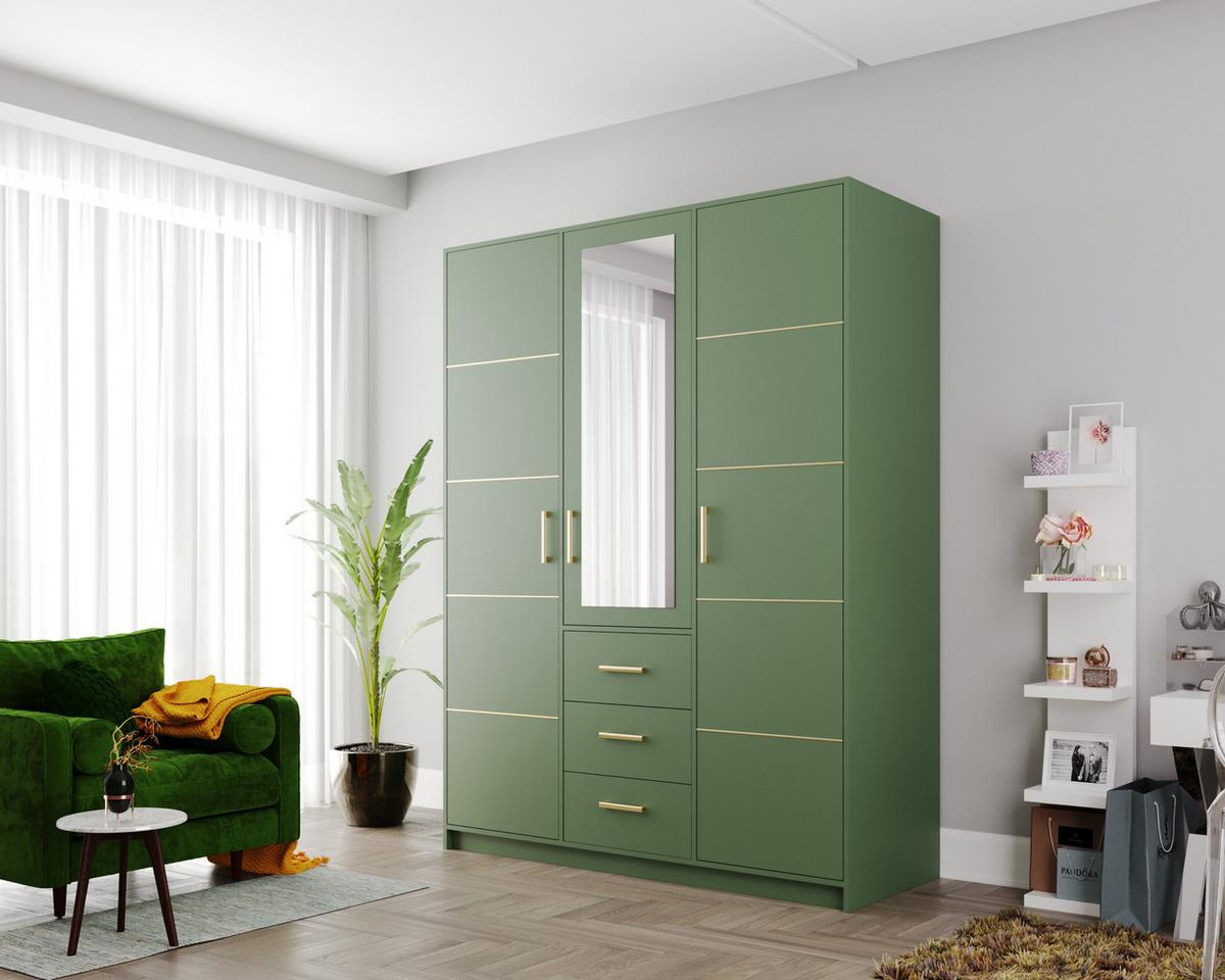 DREHTÜRENSCHRANK ELISE 147/200/57,5 cm 3-türig mit Spiegel Grün - Grün, Holzwerkstoff (147/200/57.5cm) - MASSENO
