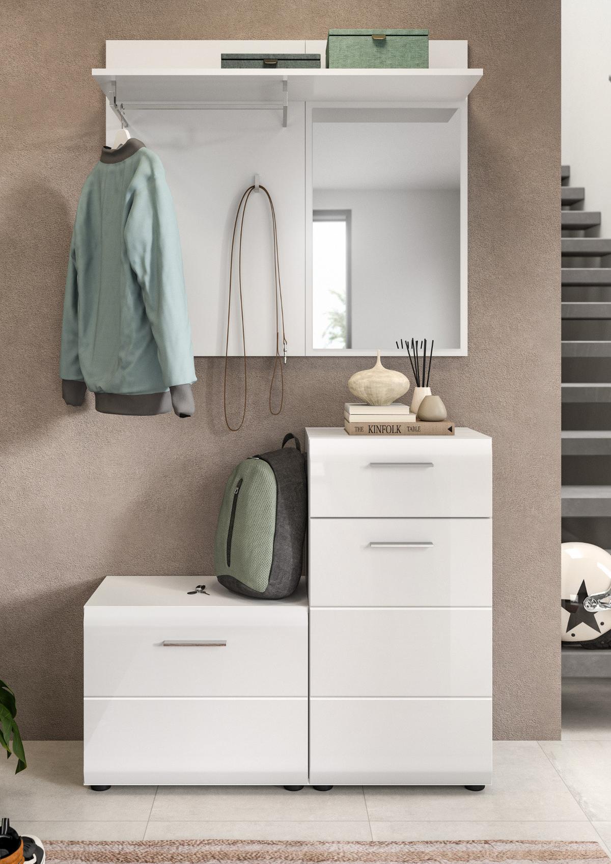 GARDEROBE Set 3-teilig weiß Hochglanz, Flurgarderobe kompakt, Komplett-Set Breite 98 cm - Weiß Hochglanz/Silberfarben, Holzwerkstoff/Kunststoff (98/190/191cm) - Inn.Furn