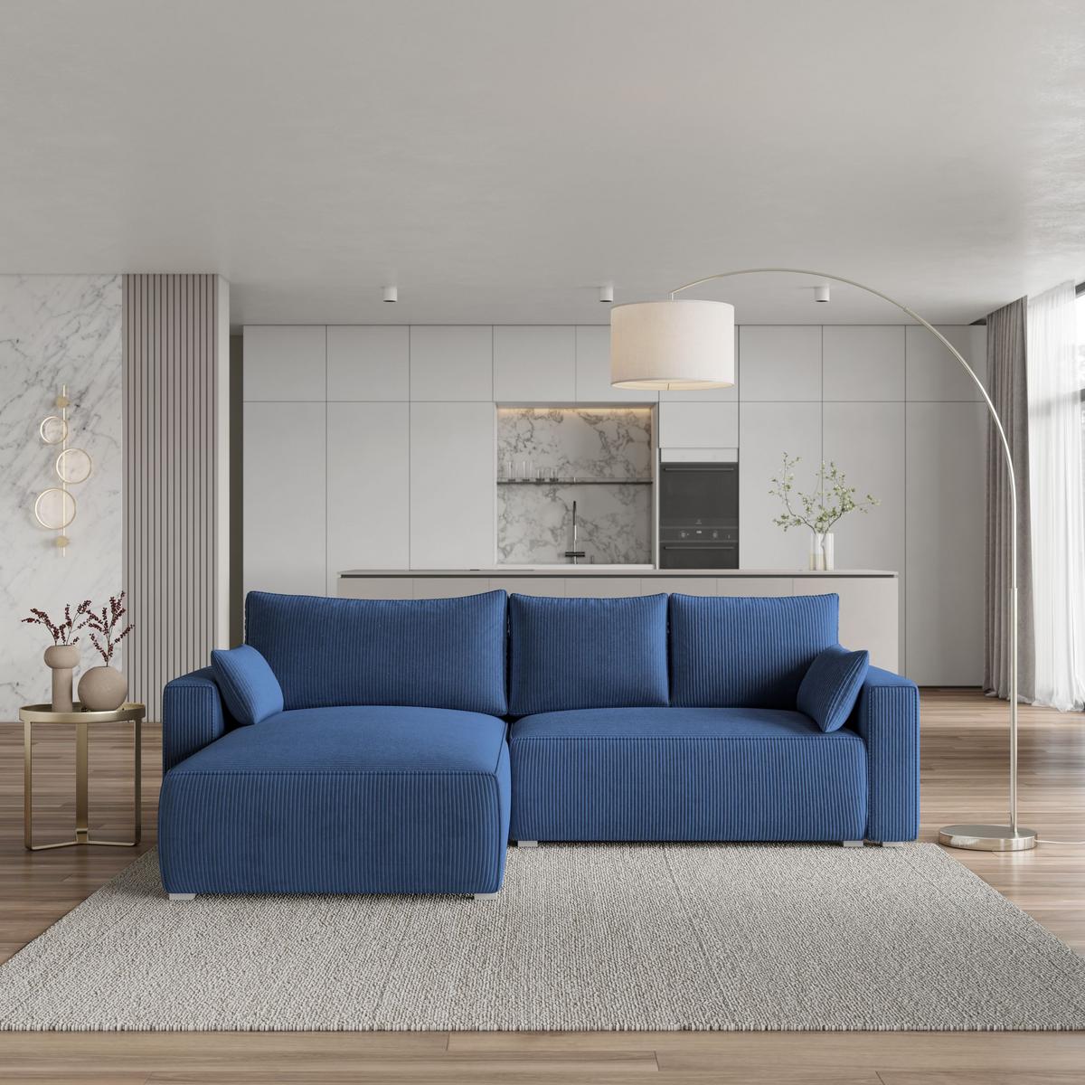 ECKSOFA FORIL P Blau Kordstoff mit Schlaffunktion - Blau/Grau, Holz/Kunststoff (265/178cm) - MASSENO