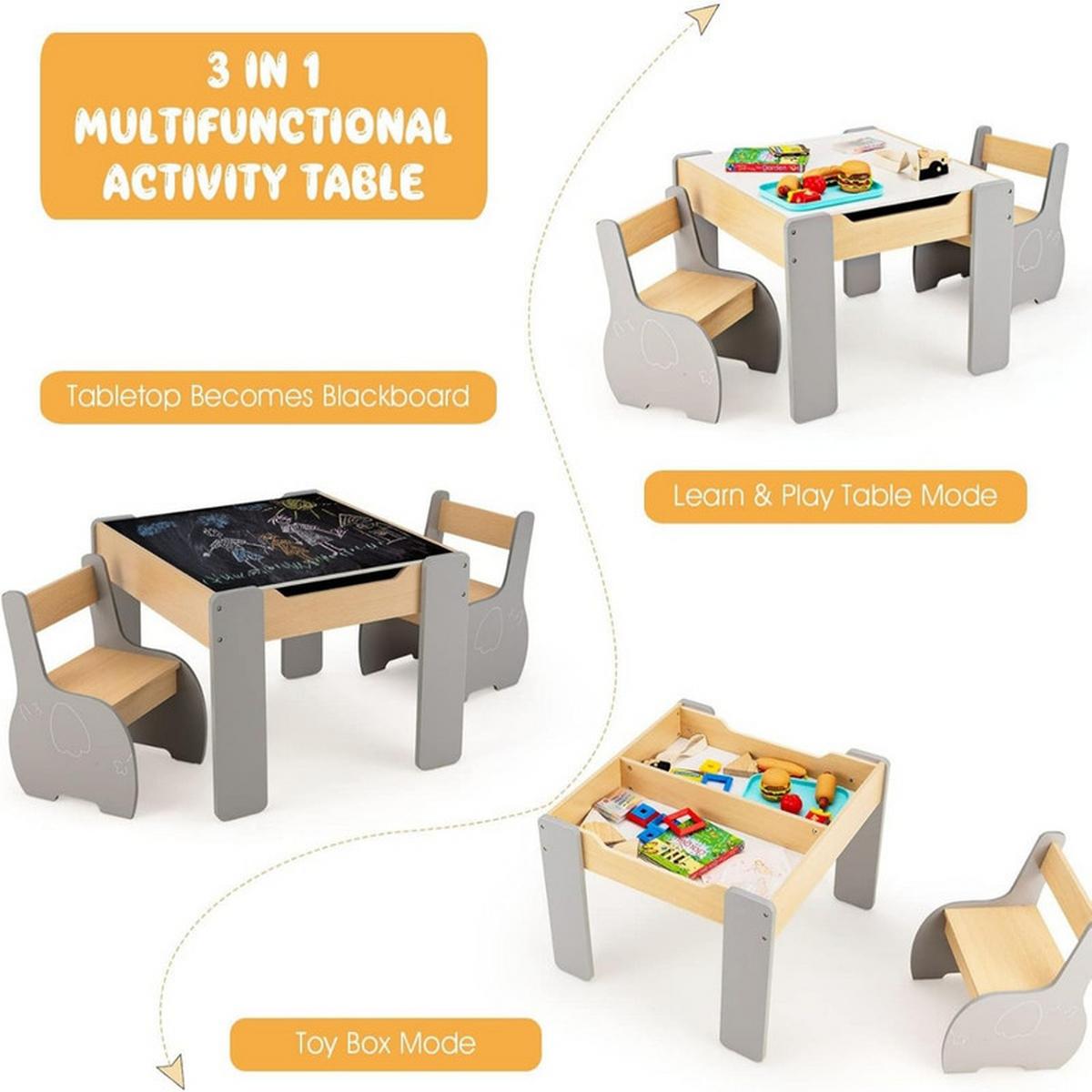 KINDERTISCH mit Stuhl grau(3-tlg) - Grau, Holzwerkstoff (63.5/48/61.5cm) - COSTWAY