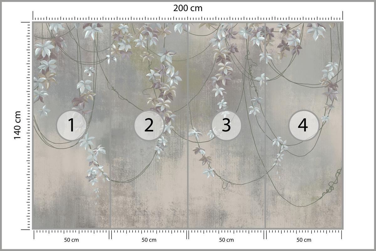 FOTOTAPETE für Wohnzimmer Abstrakte Blüten Lianen Beton Wand 200x140 - Grau, Papier (200/140cm) - Muralo