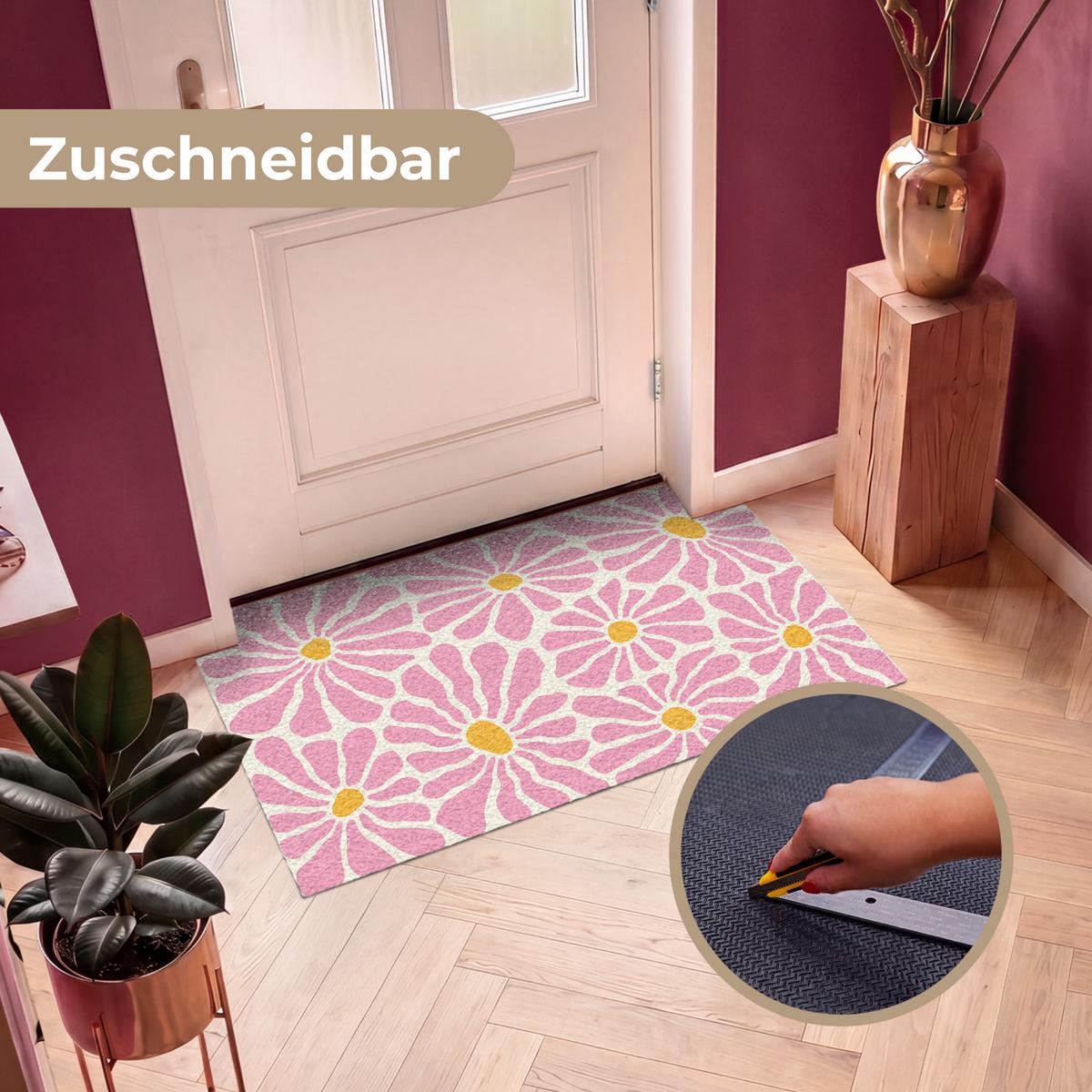 FUSSMATTE Blumen - Muster - Rosa - Beige - Orange Sauberlaufmatte 120x80 cm - Rosa, Kunststoff (120/0.4cm) - MuchoWow