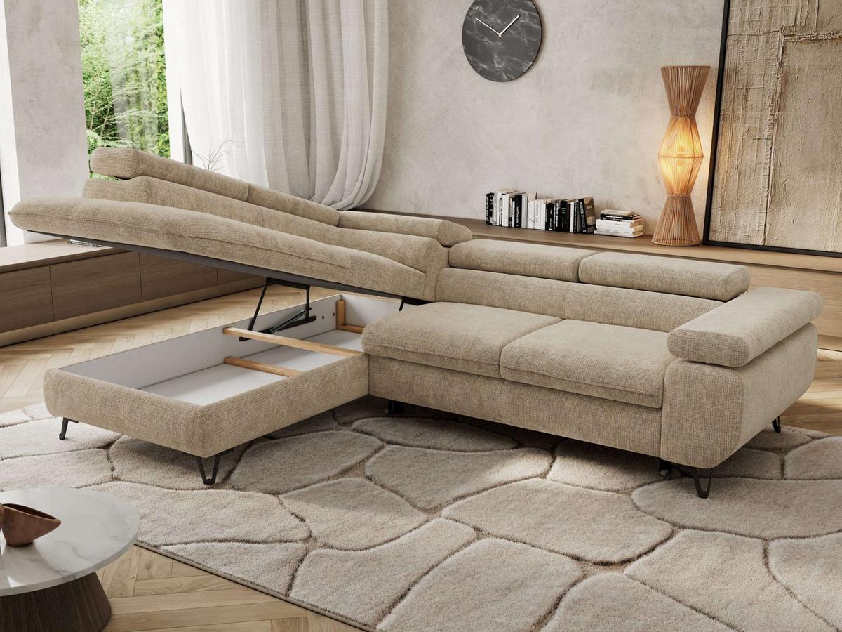 ECKSOFA PABLO L Beige Schenille grob gewebt - Links Seite - Beige/Schwarz, Textil/Metall (208/273cm) - MKS