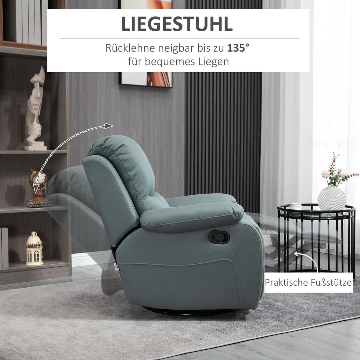 RELAXSESSEL Liegesessel 135° neigbar mit Wippfunktion drehbar mit Fußstütze Grün - Schwarz/Grün, Textil/Metall (100/98/93cm) - HOMCOM