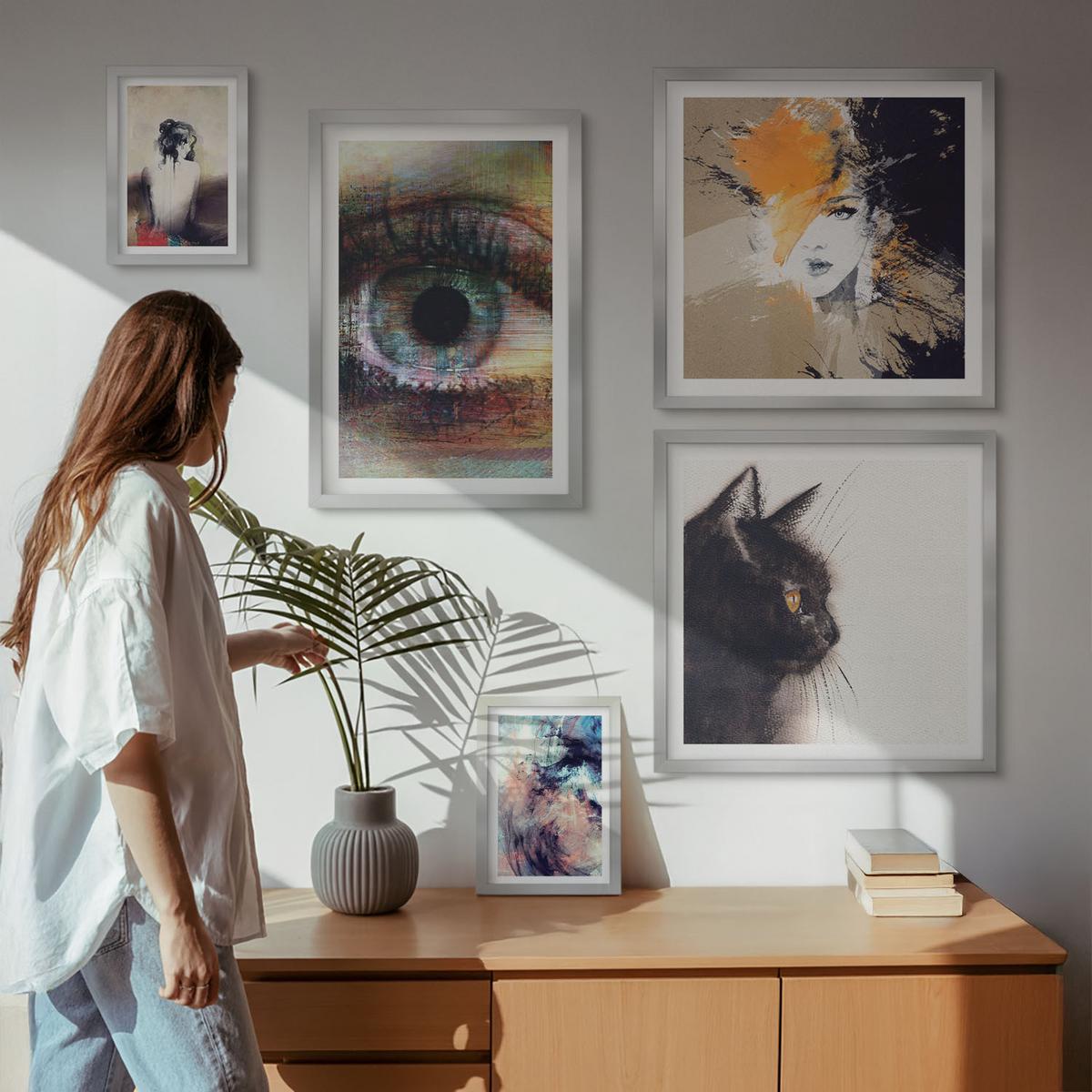 BILDER SET 5er Set - 50x50 cm & 20x30 cm & 40x60 cm Silberner Rahmen - Gelbgrau-braune Wellen - Silberfarben, Kunststoff (40/60cm) - TULUP