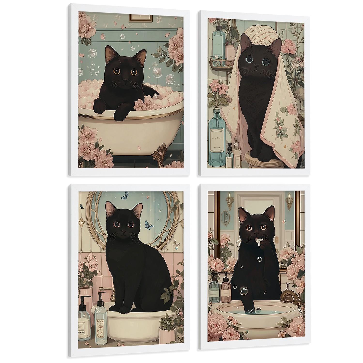 POSTER 4er-Set dekorative Kunstdrucke, schwarze Katze im Badezimmer, niedliches Blumenposter für Toilette, Schlafzimmer, sanfter Weißer Rahmen A4 - Weiß, Papier (29.7/21/3cm) - Nacnic