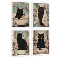 POSTER 4er-Set dekorative Kunstdrucke, schwarze Katze im Badezimmer, niedliches Blumenposter für Toilette, Schlafzimmer, sanfter Weißer Rahmen A4 - Weiß, Papier (29.7/21/3cm) - Nacnic