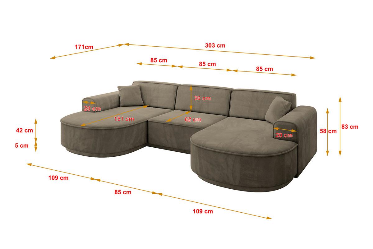 WOHNLANDSCHAFT MARI-U1-v3 - 303x171x83 cm Dunkelbraun Velours - Dunkelbraun/Schwarz, Holzwerkstoff/Kunststoff (303/83/171cm) - ALTDECOR