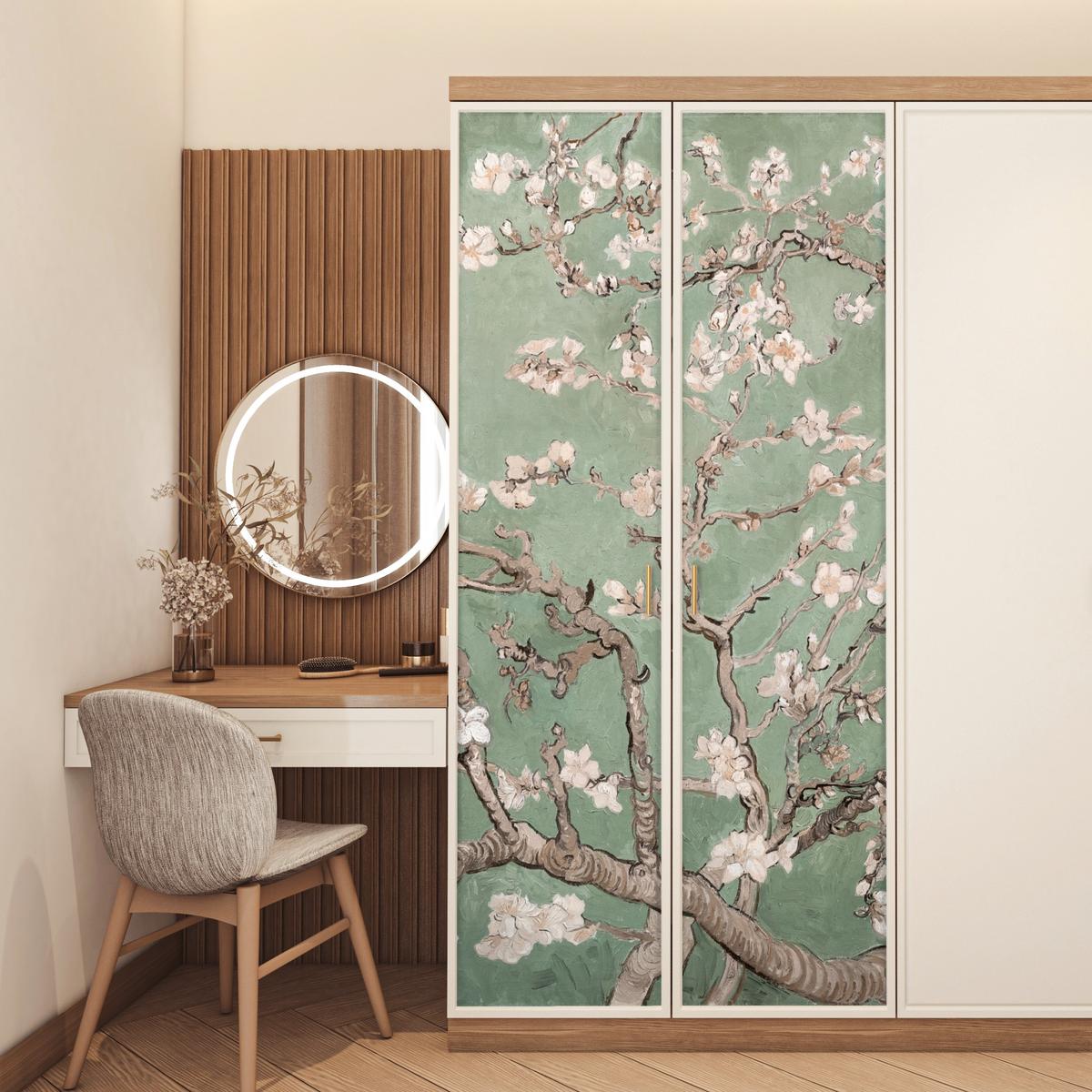 TÜRAUFKLEBER Selbstklebend - Mandelblüte - Kunst - Van Gogh - Grün 95x215 cm - Türtapete - Salbeigrün, Kunststoff (95/215cm) - MuchoWow