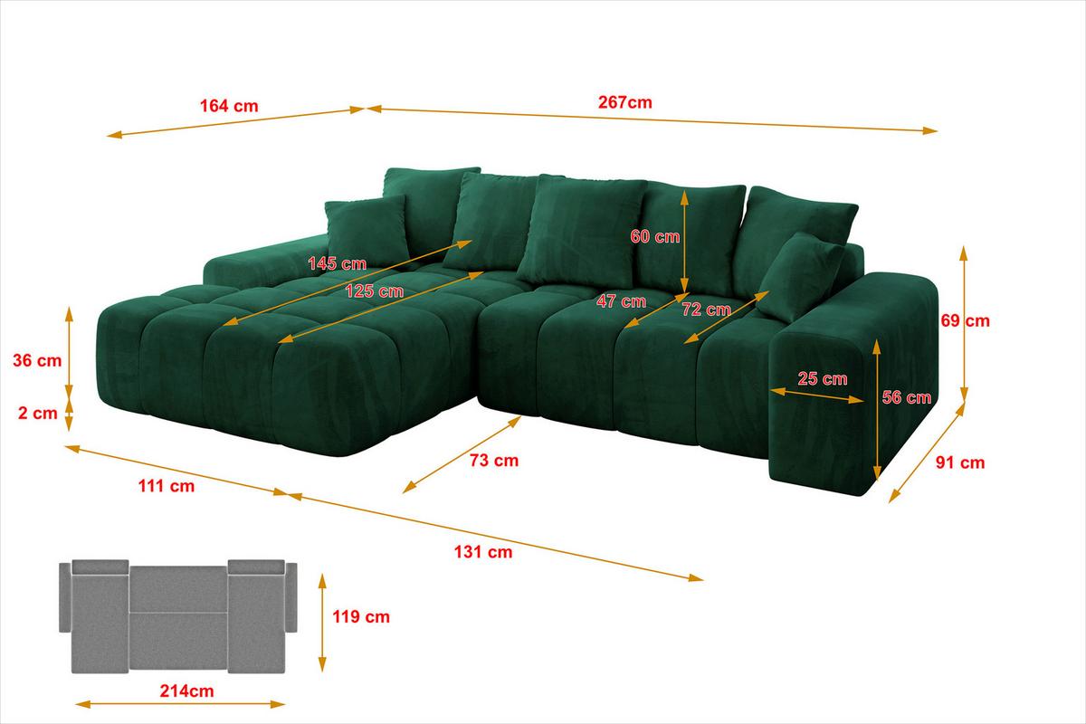 ECKSOFA Ottomane Links ENSI-L - 267x164x69 cm Dunkelgrün - Dunkelgrün, Holzwerkstoff/Kunststoff (267/164cm) - ALTDECOR