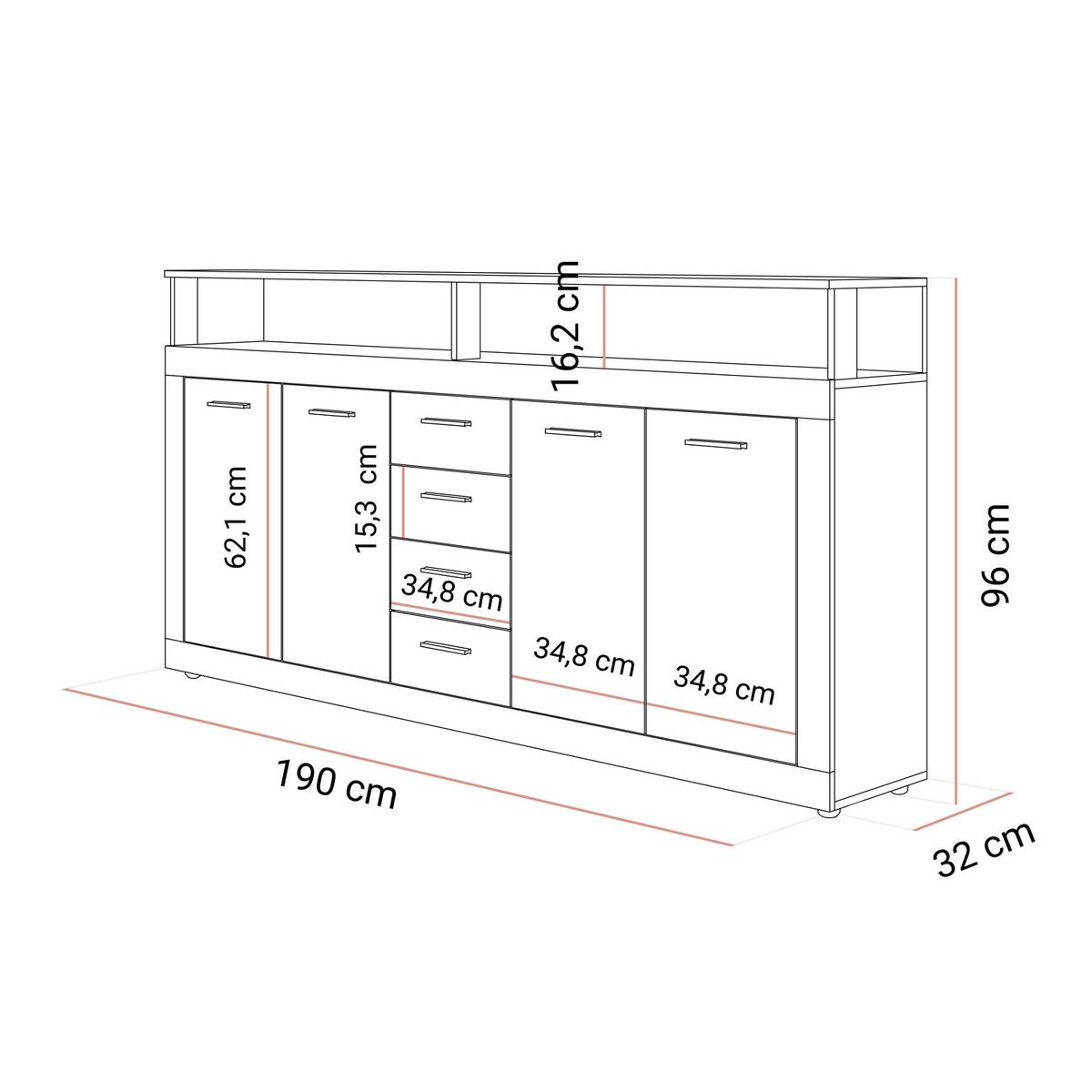 KOMMODE ROMANO mit Schubladen - Weiß, Holzwerkstoff (190/96/32cm) - Lookway