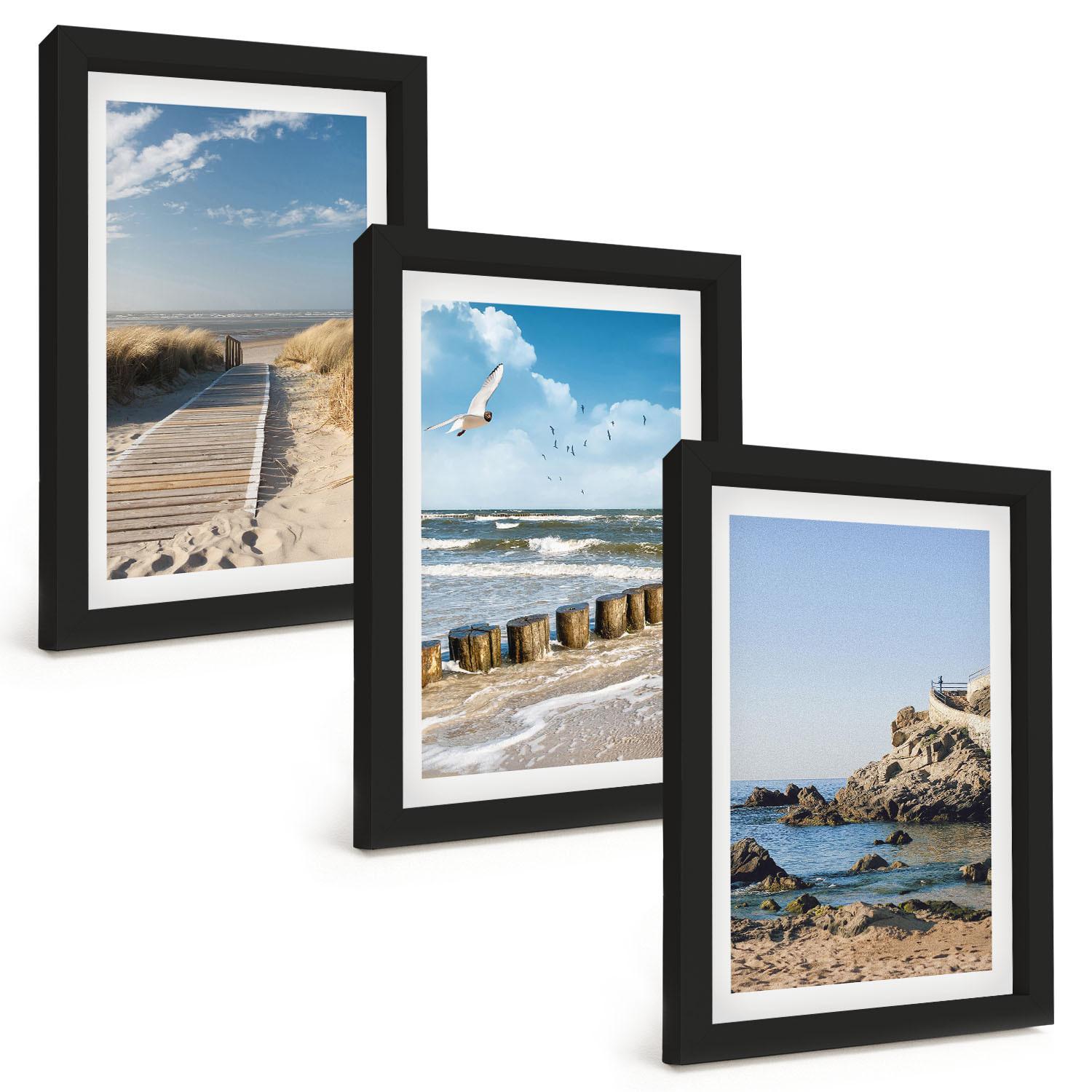 BILDER SET 3er Set - 20x30 cm Schwarzer Rahmen - Strand Holzsteg Klippen - Schwarz, Kunststoff (20/30cm) - TULUP
