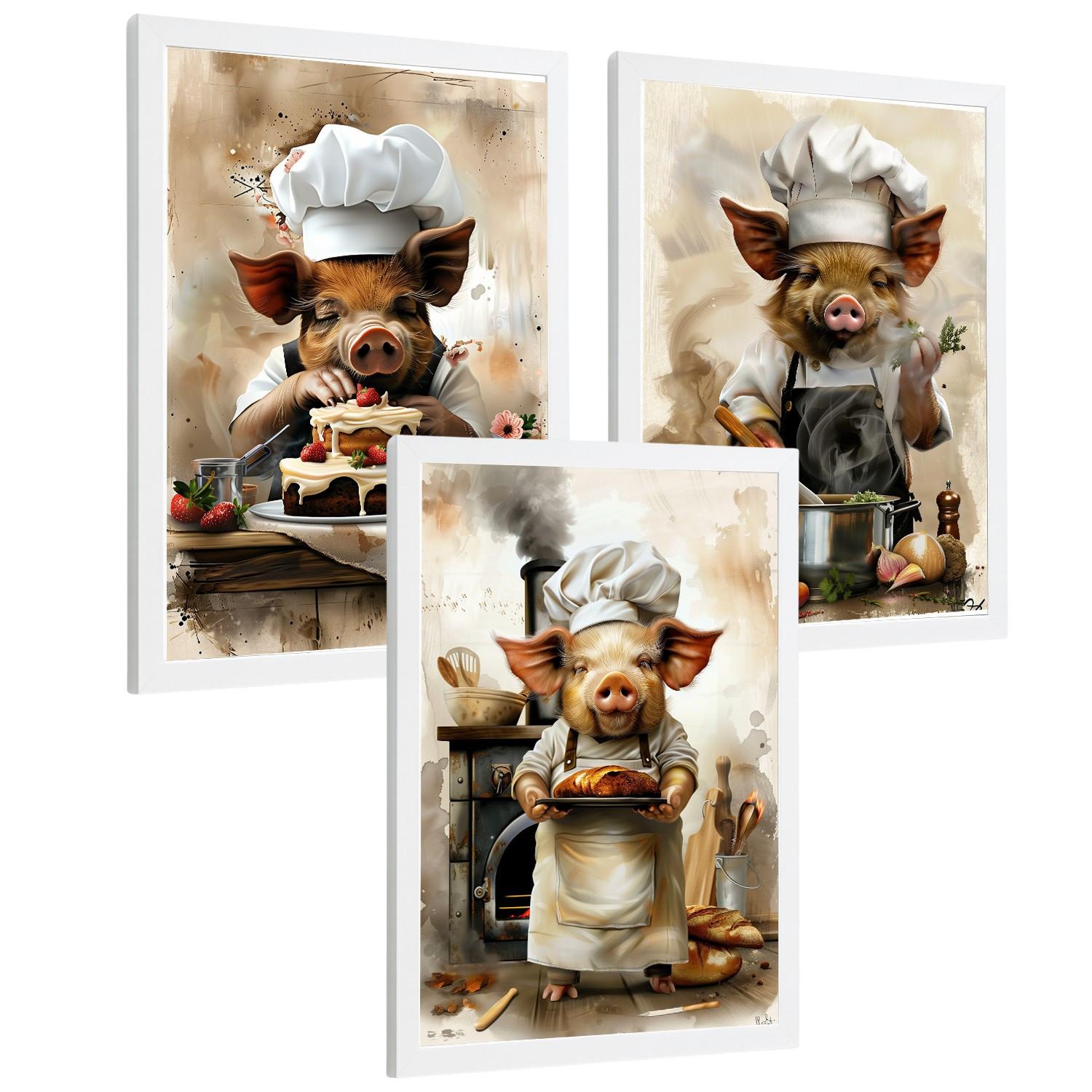 POSTER 3er Set Schwein Koch Wandbilder Lustiges Tier Bäcker Konditor Illustration Küche Wanddeko Rahmenlos A4 - Weiß, Papier (29.7/1/21cm) - Nacnic