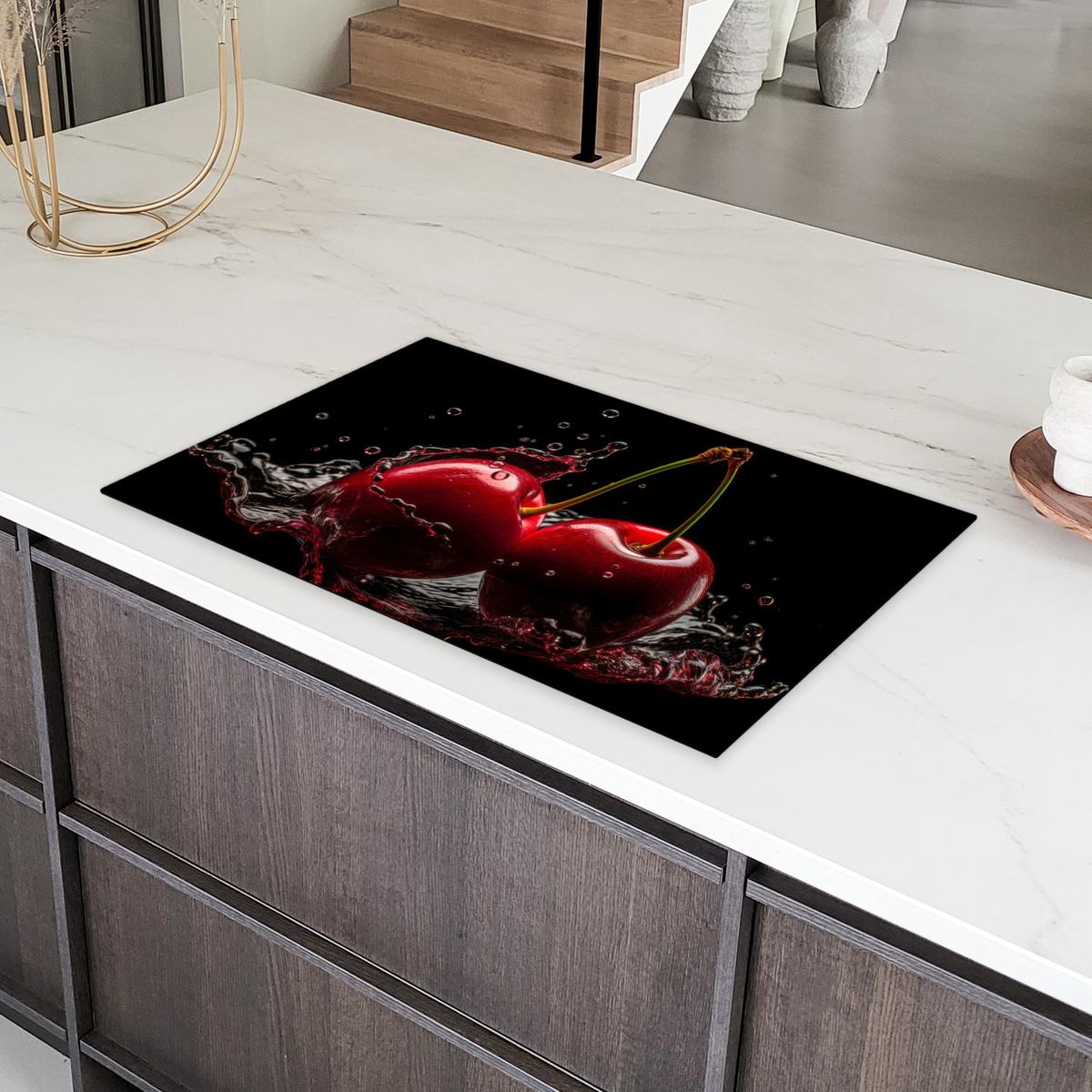 HERDABDECKPLATTE Kirsche - Rot - Frucht - Wasser - Schwarz Induktionsmatte 83x51 cm - Kirschrot, Kunststoff (83/51.5/0.2cm) - MuchoWow